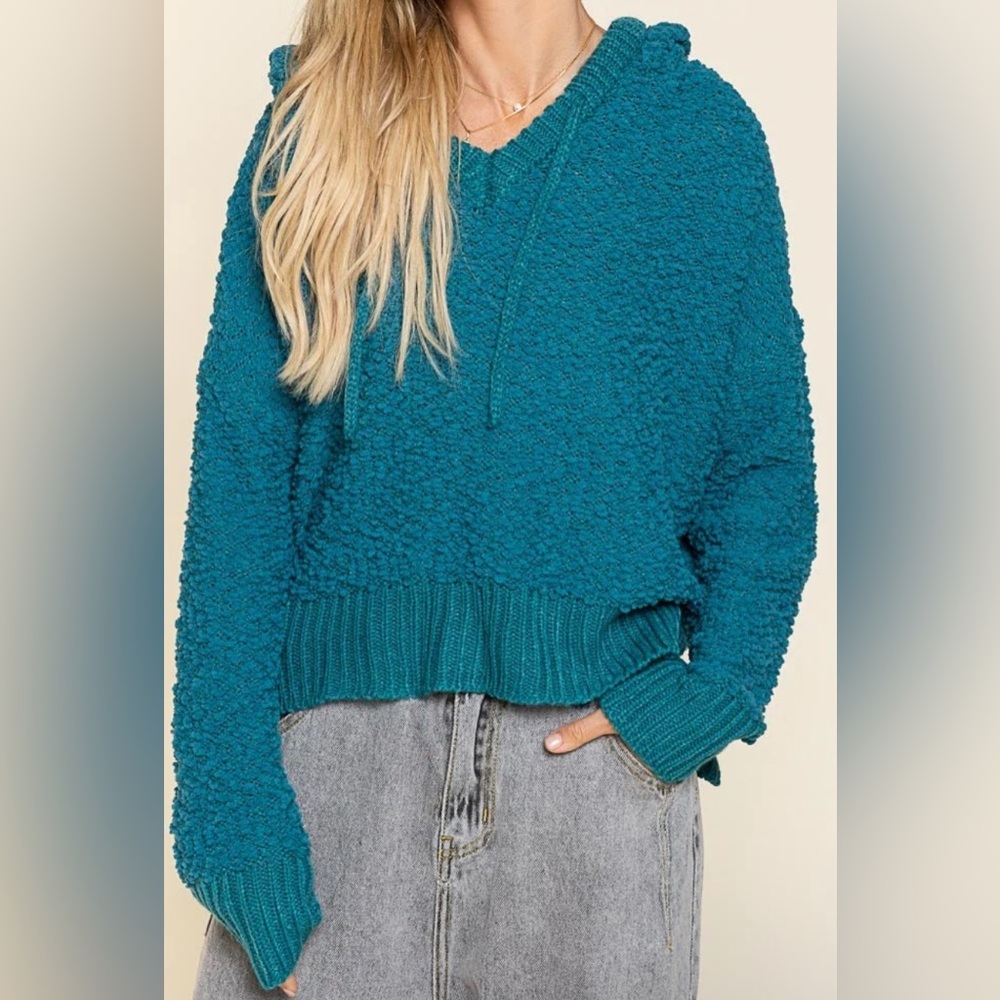 POL Teal V-Neck Oversized Hooded Sweater - NWOT - Size L